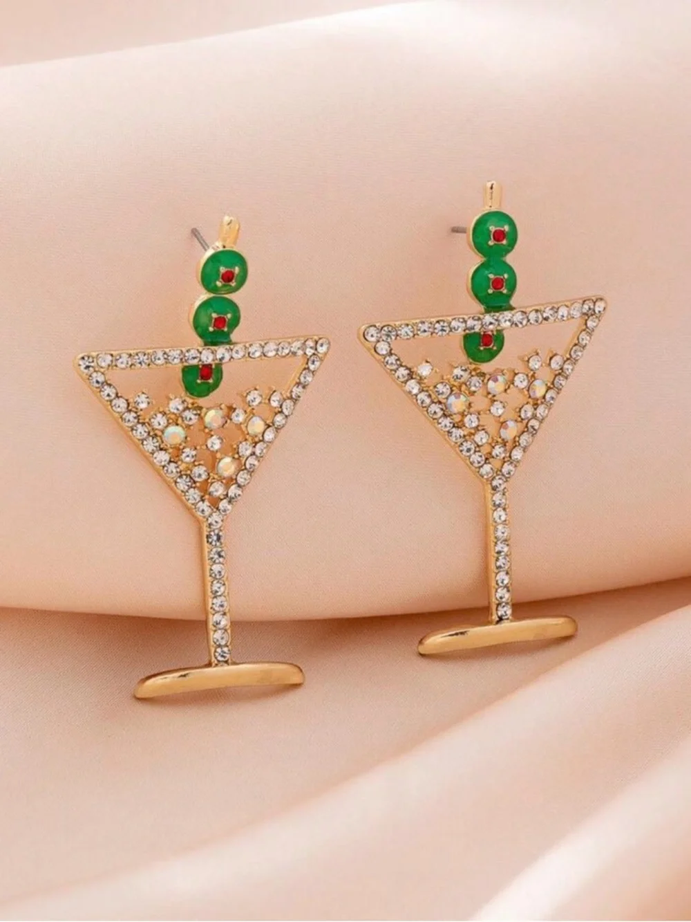 Gold Crystal Martini Drop Earrings with Green Accents - Picture 2 of 5